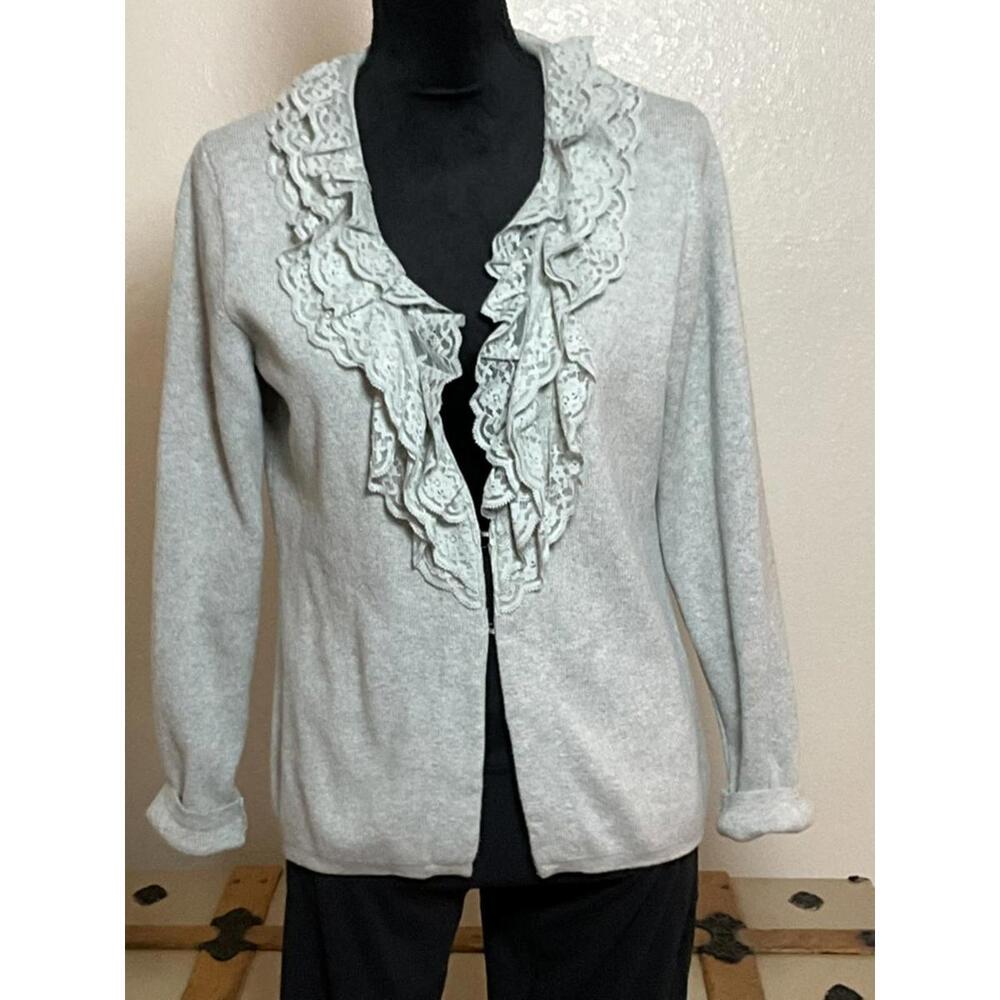 Liz Claiborne Ruffled Button Up Cardigan Sweater M Gray Romantic Boho Knit - Picture 1 of 8